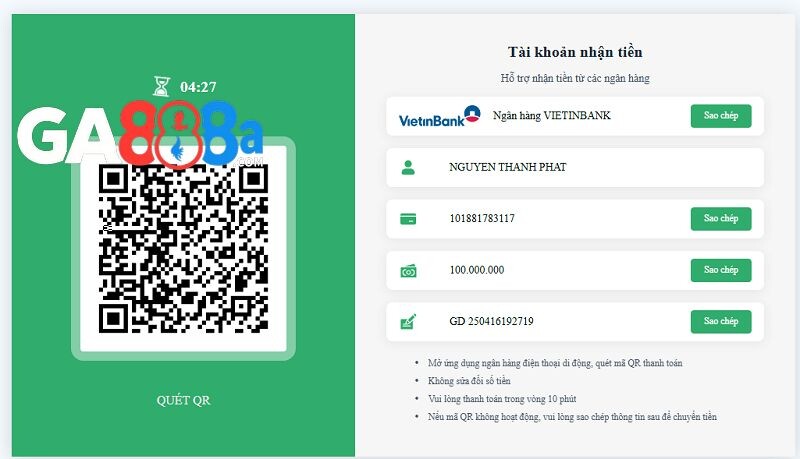 Nạp tiền qua ngân hàng tại GA888
